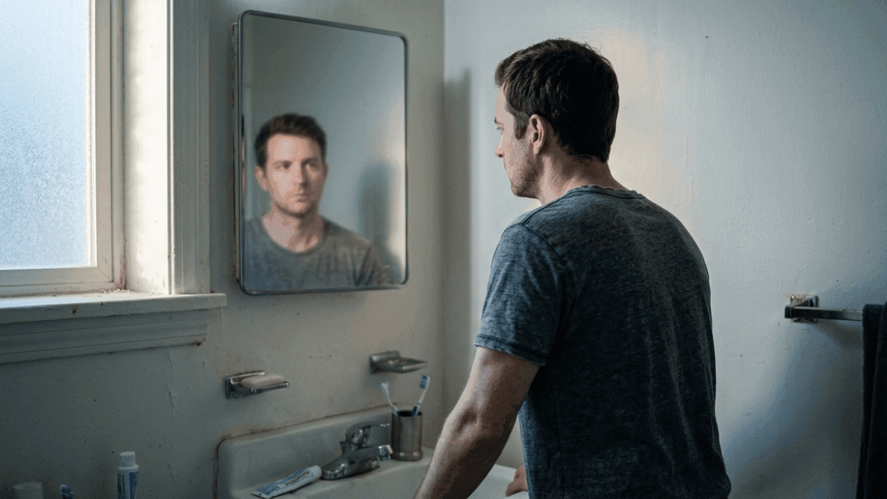 A man standing alone at a bathroom mirror, his reflection slightly blurred, conveying the disconnect between who he was and who he is becoming