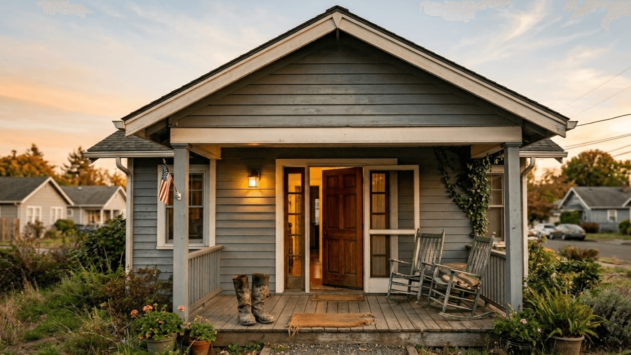Front porch of a modest recovery home in a small-town neighborhood at golden hour, representing the federal court ruling that a recovery home is a home under the Fair Housing Act."