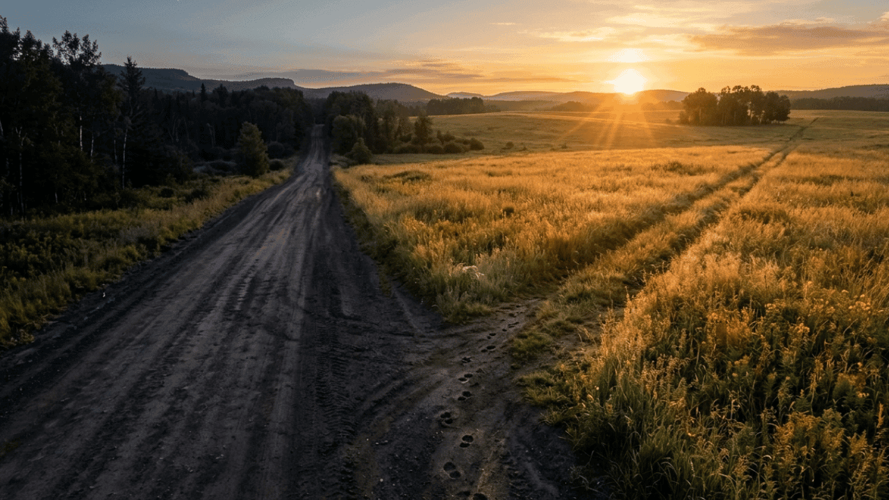 A dirt road at dawn with footprints turning off the path into a sunlit open field