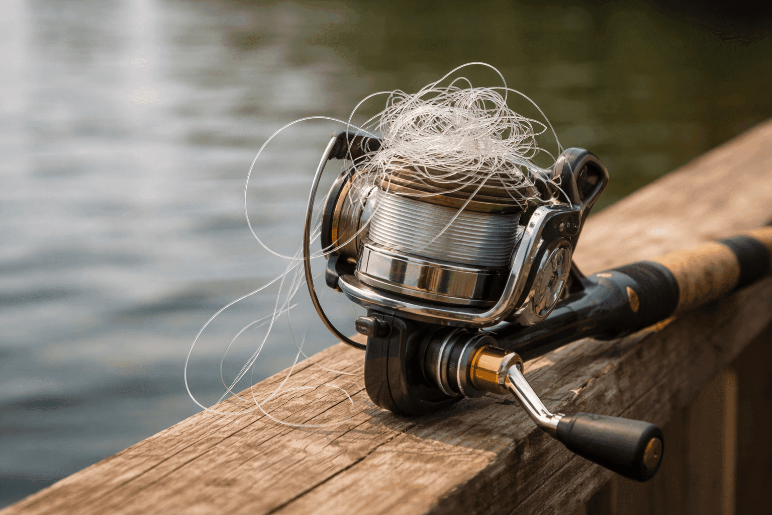 Tangled fishing line on reel with calm water in background, representing anxious thoughts that can be untangled
