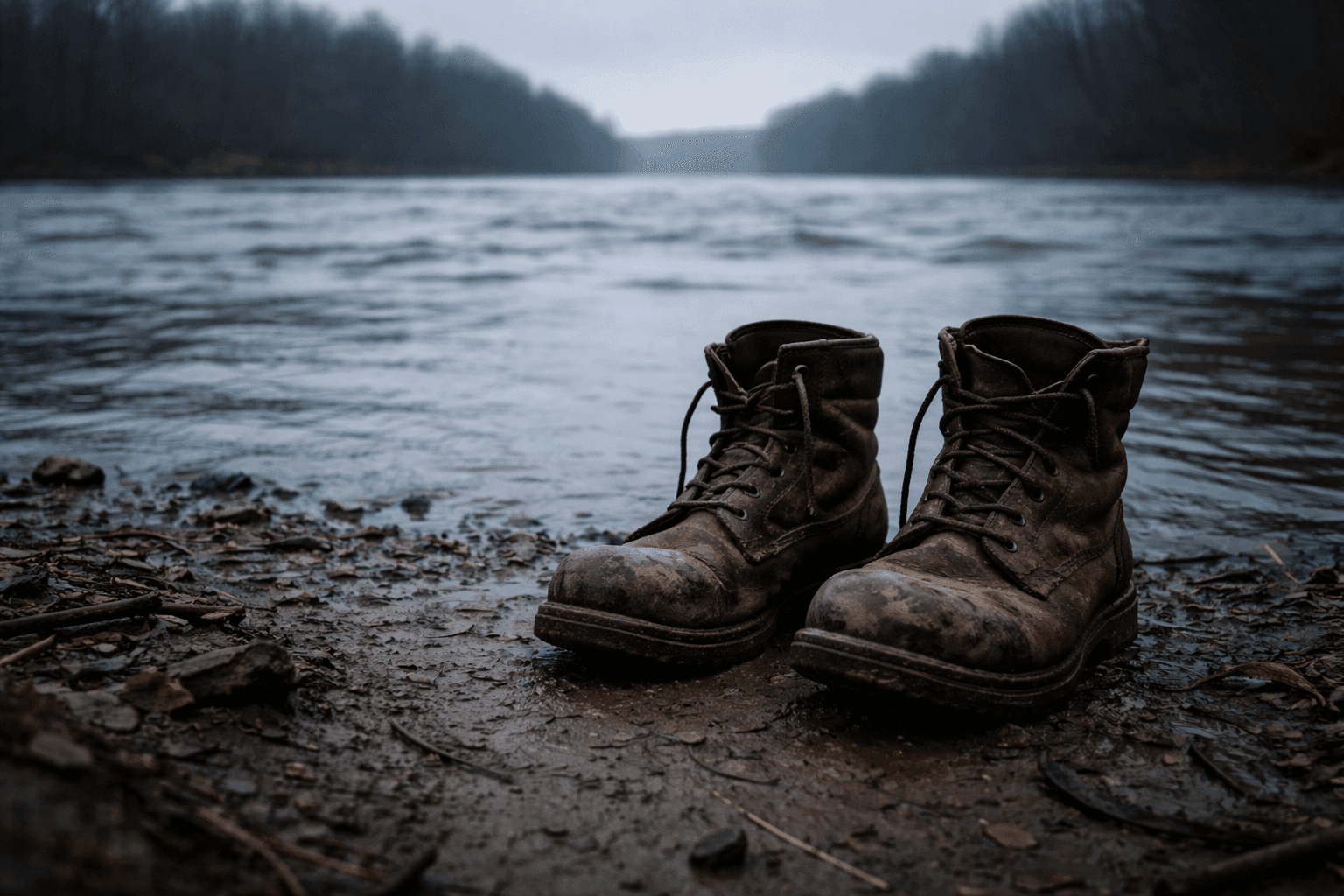 Worn leather work boots at the muddy edge of a wide dark river, far bank visible in the distance, suggesting a crossing not yet taken.