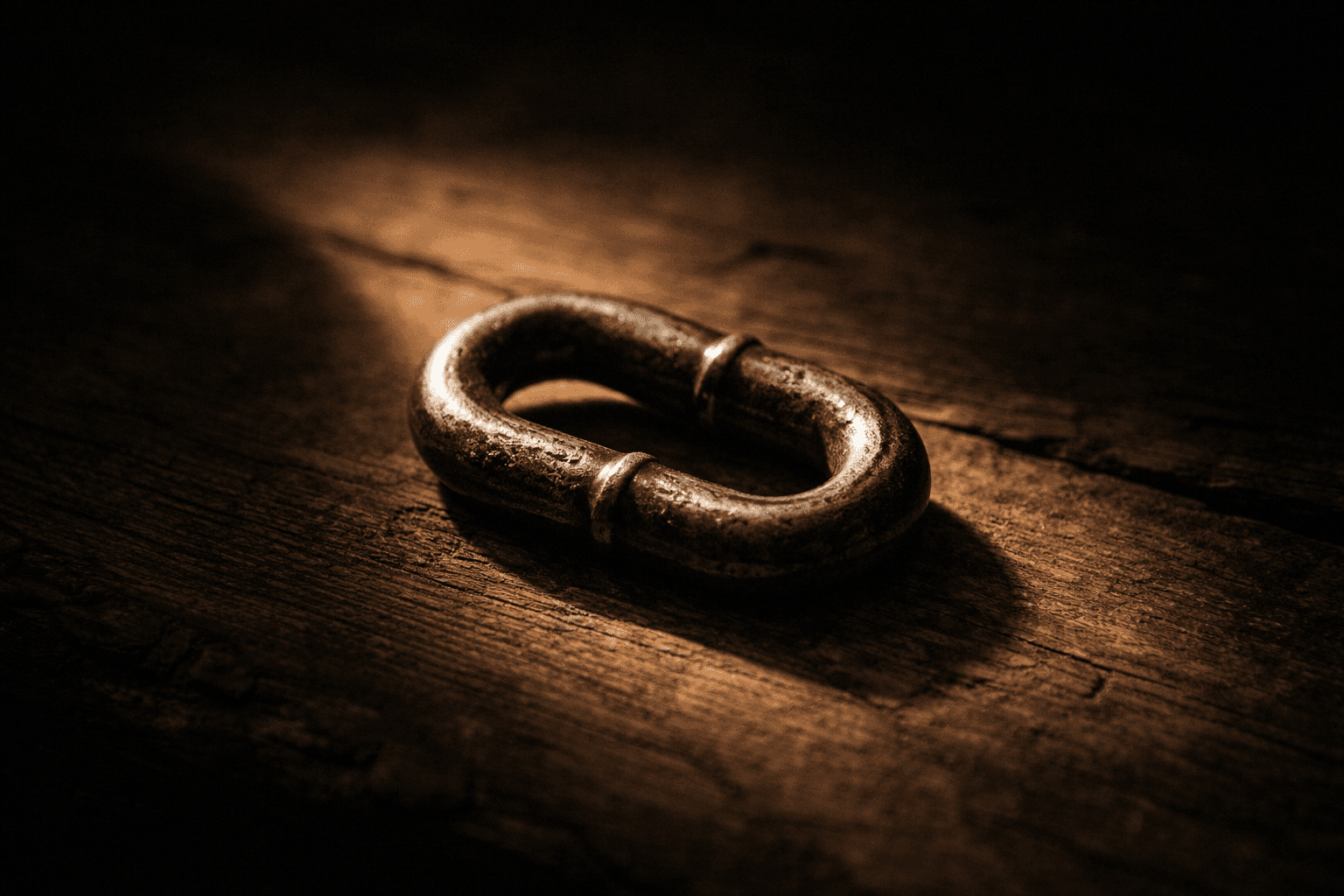 A single weathered chain link in a narrow shaft of warm light against dark shadow, evoking confinement and the persistence of hope.